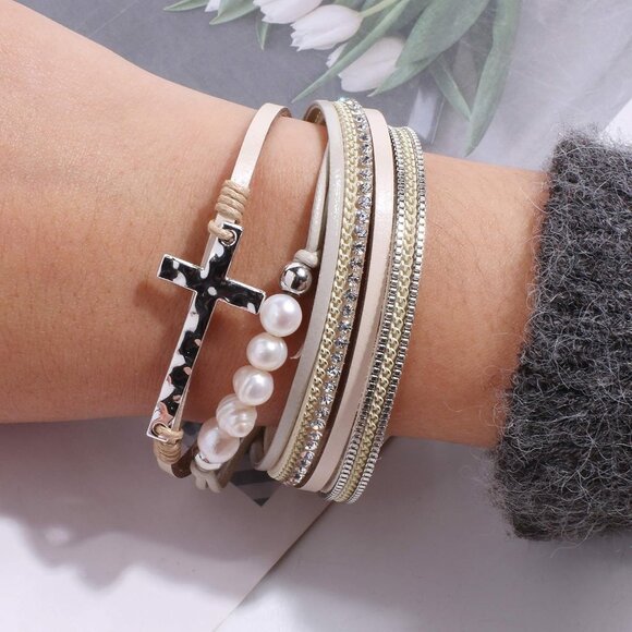 Sophisticated Multi-Layer Leather Bracelet with Cross for Fashionable Women - Picture 2 of 7